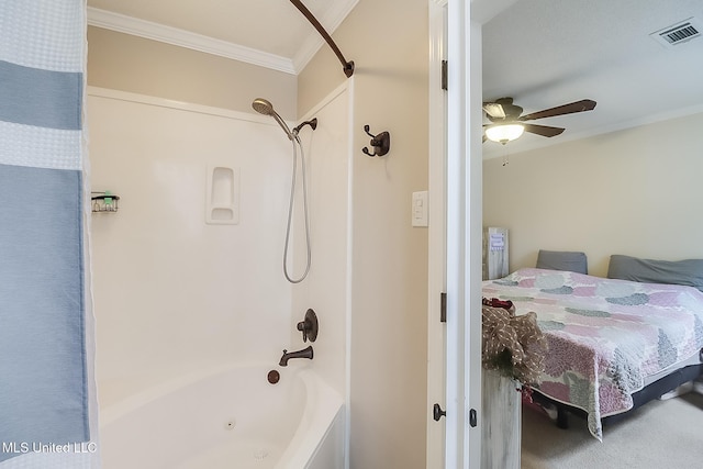 bathroom with ceiling fan, crown molding, and shower / tub combo