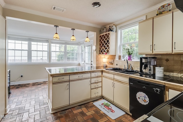 kitchen featuring kitchen peninsula, tasteful backsplash, sink, pendant lighting, and black dishwasher