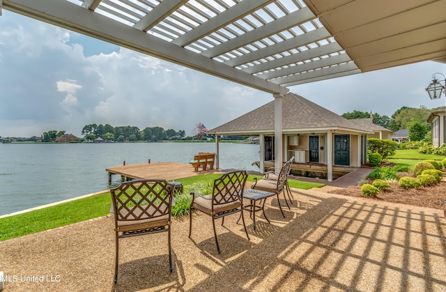 view of patio / terrace with a boat dock, a water view, and a pergola