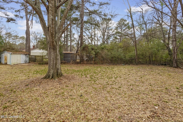 view of yard featuring a storage shed