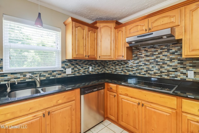 12 Bayou View Dr, Gulfport, MS 39507 - kitchen featuring dishwasher, under cabinet range hood, black electric stovetop, ornamental molding, and tasteful backsplash