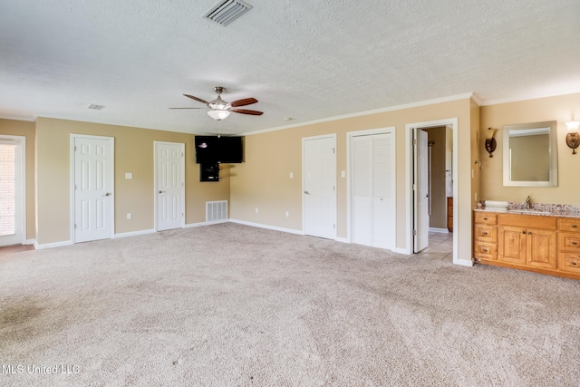 12 Bayou View Dr, Gulfport, MS 39507 - unfurnished bedroom with two closets, light colored carpet, a textured ceiling, ornamental molding, and ensuite bathroom