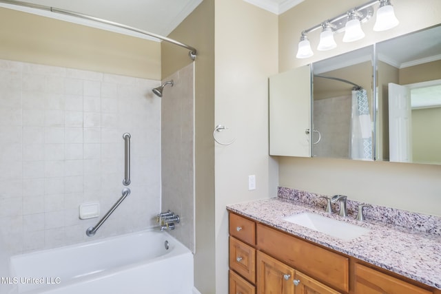 12 Bayou View Dr, Gulfport, MS 39507 - bathroom featuring ornamental molding, vanity, and shower / bathtub combination with curtain