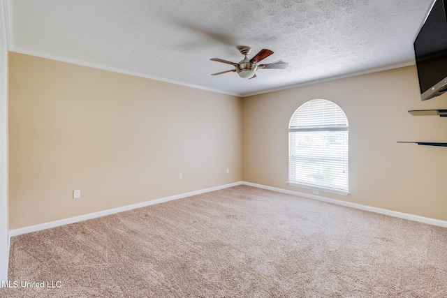 12 Bayou View Dr, Gulfport, MS 39507 - empty room featuring ceiling fan, carpet floors, ornamental molding, and a textured ceiling