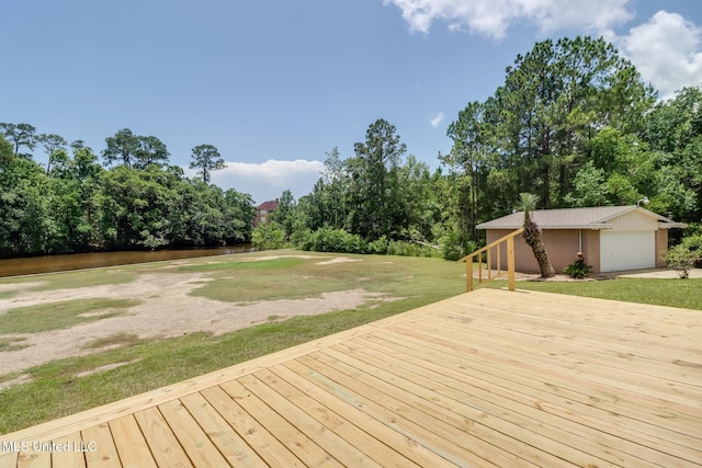 12 Bayou View Dr, Gulfport, MS 39507 - wooden terrace featuring an outdoor structure, a yard, view of scattered trees, and a water view