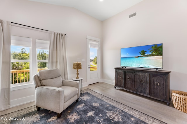 living area featuring vaulted ceiling and hardwood / wood-style flooring