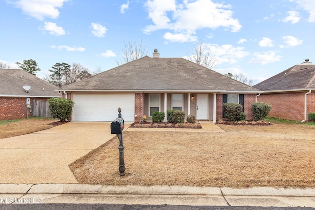 ranch-style home featuring a shingled roof, brick siding, driveway, and an attached garage