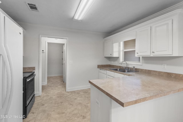 kitchen with refrigerator, range with electric stovetop, visible vents, white cabinets, and a sink