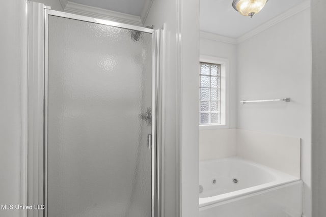 bathroom with a whirlpool tub, a shower stall, and ornamental molding