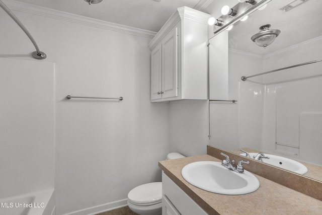 bathroom with visible vents, toilet, bathtub / shower combination, crown molding, and vanity