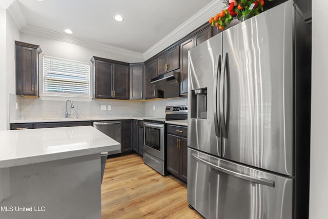 kitchen with stainless steel appliances, sink, crown molding, dark brown cabinetry, and light hardwood / wood-style floors