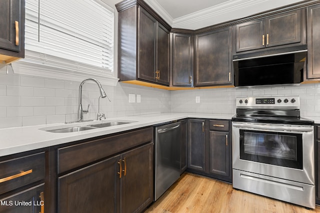 kitchen featuring sink, light wood-type flooring, backsplash, stainless steel appliances, and crown molding