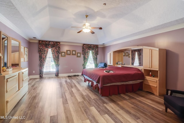 41 C G Evans Rd, Wiggins, MS 39577 - bedroom featuring light wood finished floors, a textured ceiling, a raised ceiling, and multiple windows