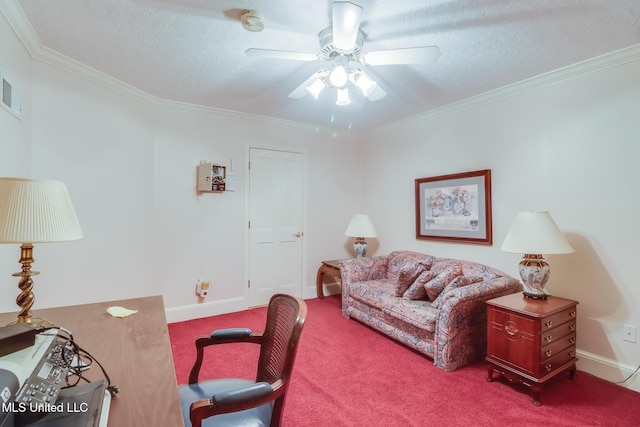 41 C G Evans Rd, Wiggins, MS 39577 - office area with carpet flooring, a textured ceiling, baseboards, ceiling fan, and crown molding