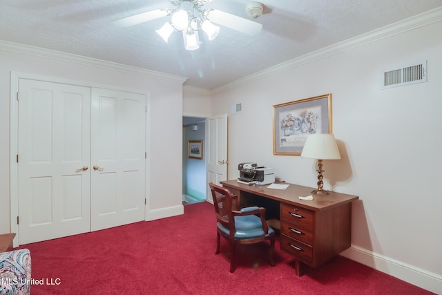41 C G Evans Rd, Wiggins, MS 39577 - home office with dark colored carpet, visible vents, crown molding, and a ceiling fan