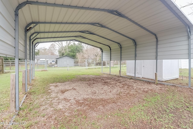 view of parking with a carport and a lawn