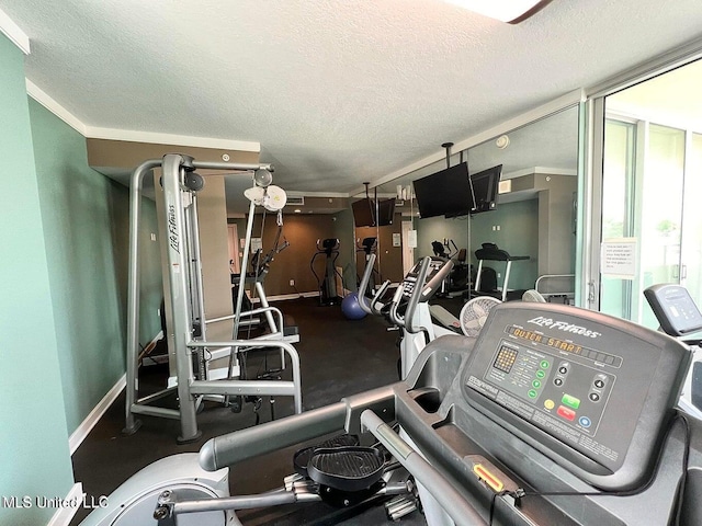 workout area with ornamental molding and a textured ceiling