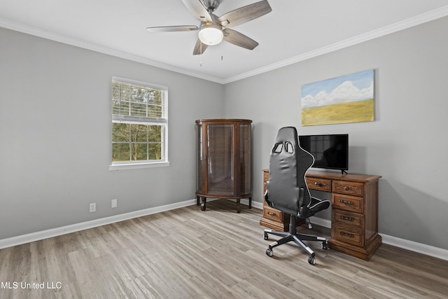 office space featuring crown molding, baseboards, and wood finished floors