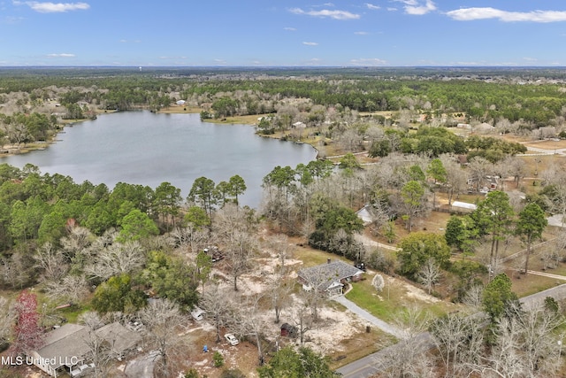 bird's eye view with a water view and a wooded view