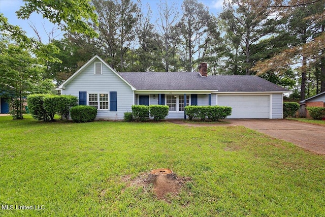 244 Massey Cir, Carthage, MS 39051 - ranch-style home with a garage, concrete driveway, a front lawn, and a chimney