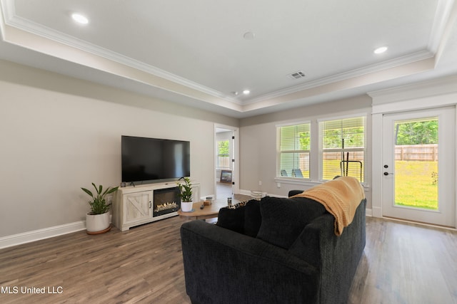 14172 Debra Barbee Ct, Gulfport, MS 39503 - living room featuring a tray ceiling, ornamental molding, dark wood-style flooring, baseboards, and recessed lighting
