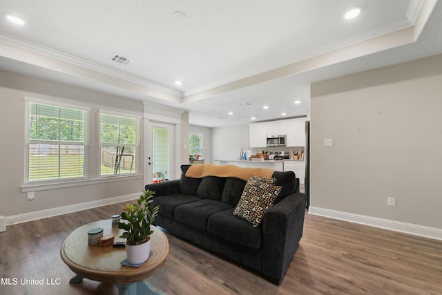 14172 Debra Barbee Ct, Gulfport, MS 39503 - living area featuring a raised ceiling, ornamental molding, baseboards, wood finished floors, and recessed lighting