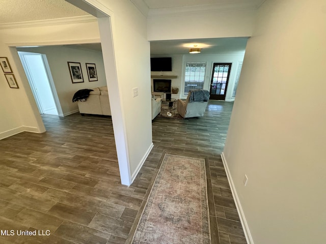 hallway featuring ornamental molding