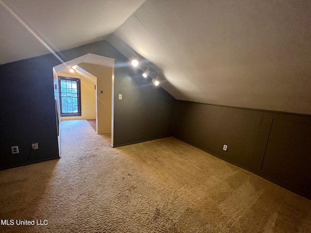 additional living space featuring vaulted ceiling and light carpet