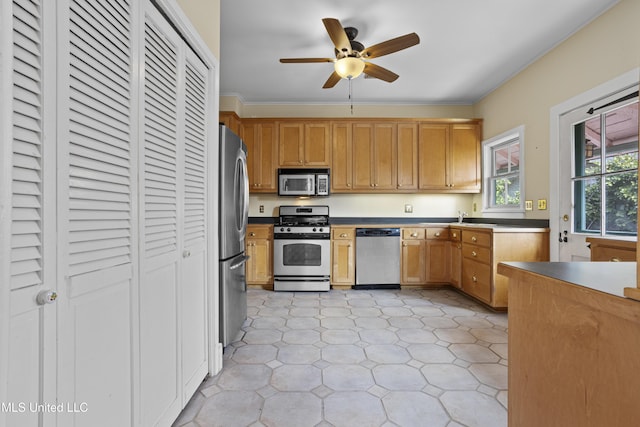 kitchen with ceiling fan, ornamental molding, and stainless steel appliances