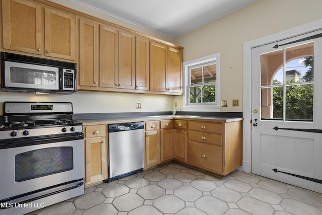 kitchen with stainless steel appliances, ornamental molding, dark countertops, and a sink