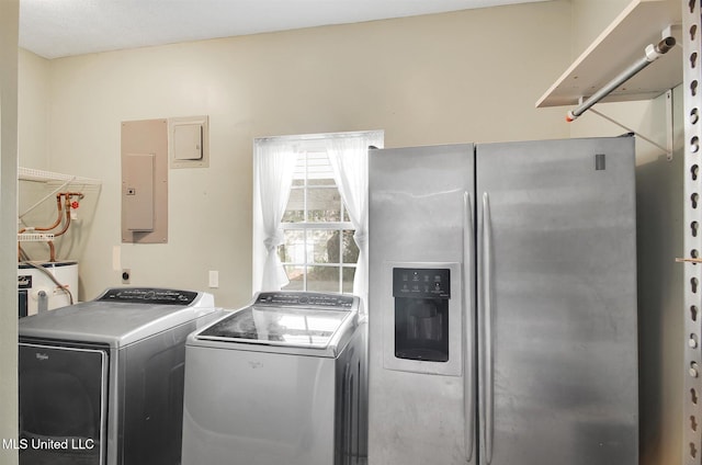 laundry room with independent washer and dryer, electric water heater, and electric panel