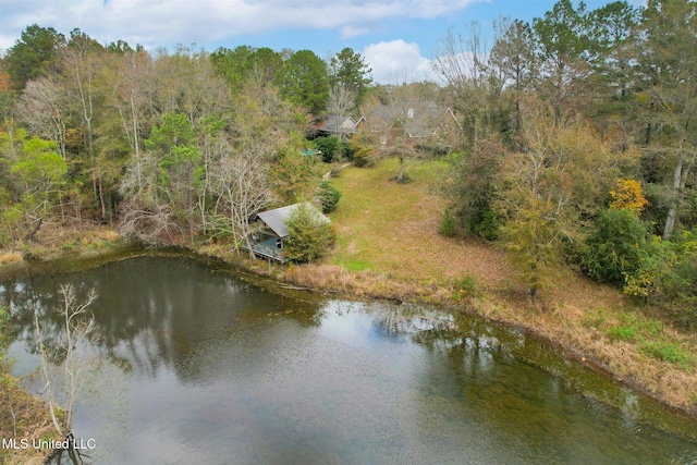 drone / aerial view featuring a water view