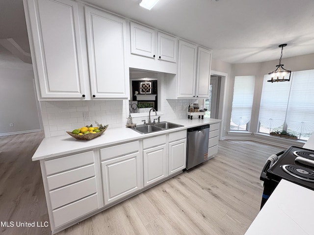 106 Ole Duke Dr, Brandon, MS 39042 - kitchen with a sink, dishwasher, light wood-style floors, decorative backsplash, and white cabinetry