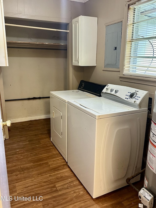 176 Revell Rd, Grenada, MS 38901 - washroom with cabinet space, electric panel, washing machine and dryer, wood finished floors, and baseboards