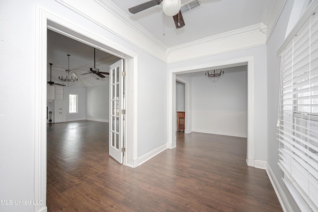 hall with baseboards, dark wood-style flooring, and crown molding