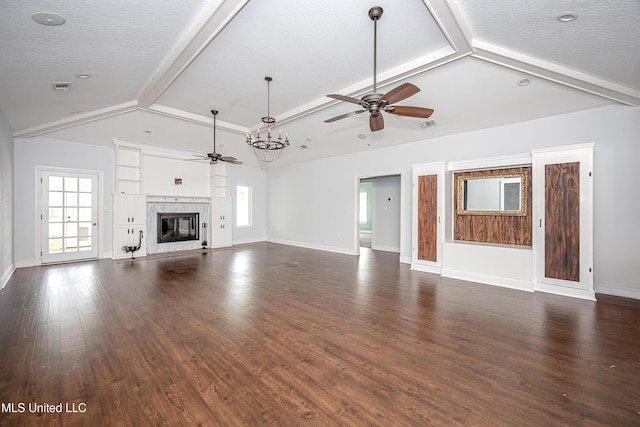 unfurnished living room with vaulted ceiling with beams, a ceiling fan, dark wood finished floors, baseboards, and a glass covered fireplace