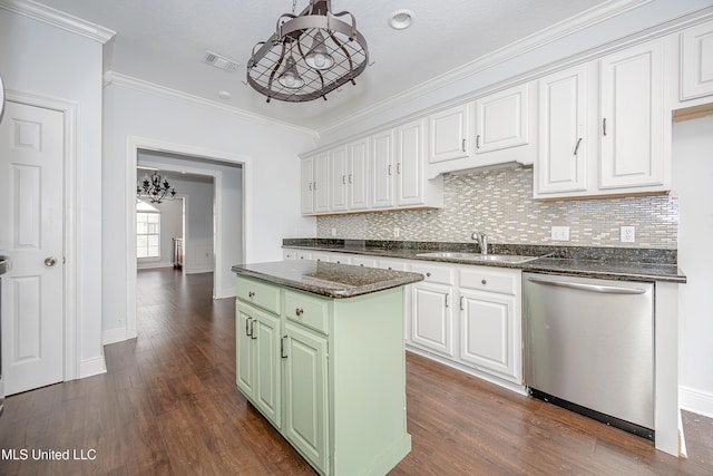 kitchen with stainless steel dishwasher, a sink, a center island, and white cabinets