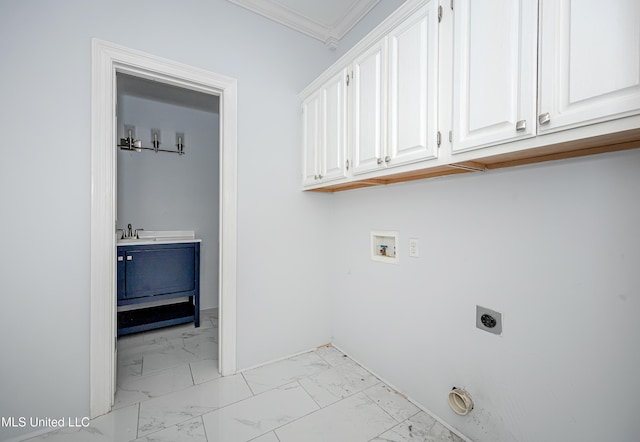 washroom featuring hookup for a washing machine, marble finish floor, cabinet space, electric dryer hookup, and crown molding