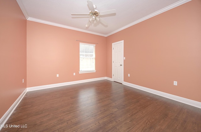 unfurnished room with baseboards, ornamental molding, dark wood finished floors, and a ceiling fan