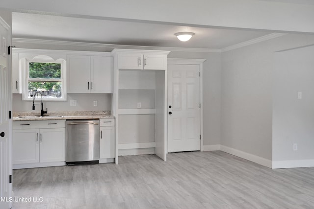 kitchen with stainless steel dishwasher, sink, white cabinetry, and light hardwood / wood-style floors