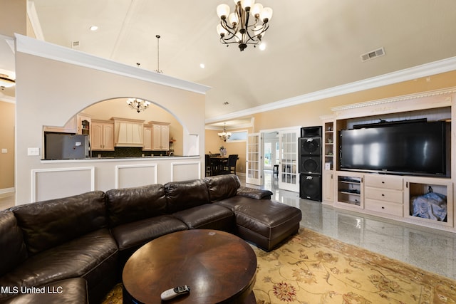 living room with crown molding and high vaulted ceiling