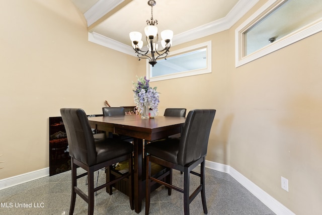 dining room with a notable chandelier, ornamental molding, beamed ceiling, and plenty of natural light