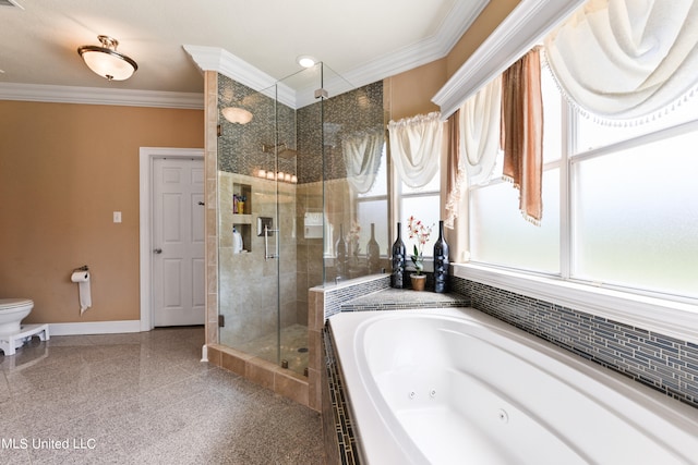 bathroom with separate shower and tub, ornamental molding, and toilet