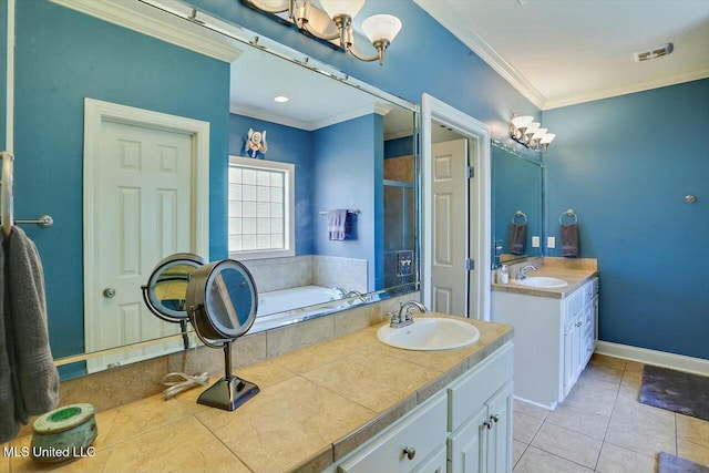 bathroom with vanity, crown molding, tile patterned floors, and independent shower and bath