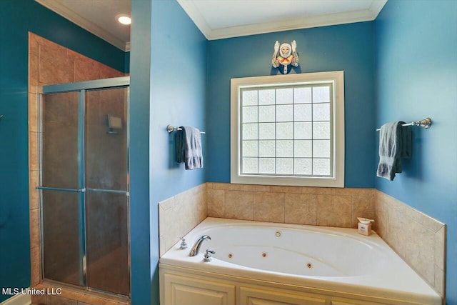 bathroom with plus walk in shower and ornamental molding