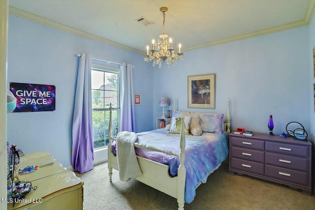 bedroom with light carpet, crown molding, and a chandelier