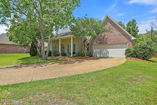 view of front facade featuring a garage, a front yard, and a porch