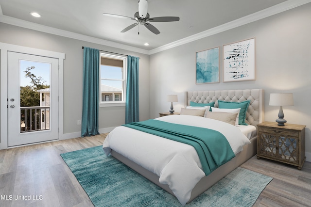 bedroom with ceiling fan, crown molding, light hardwood / wood-style floors, and access to exterior