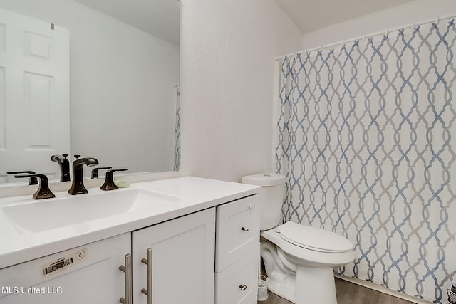 bathroom featuring vanity, toilet, wood-type flooring, and a shower with shower curtain