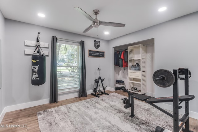 8707 Pine Ridge Ct, Diamondhead, MS 39525 - exercise area with a ceiling fan, wood finished floors, and recessed lighting